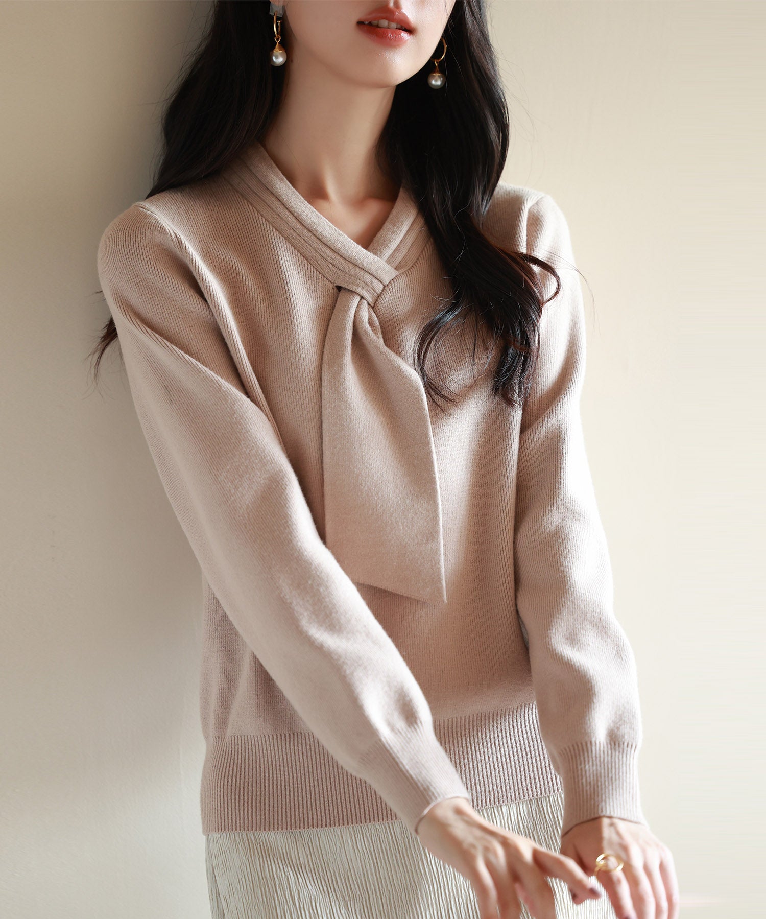 リボンハイゲージ編みニットプルオーバーsdpxyf6581 ベージュ