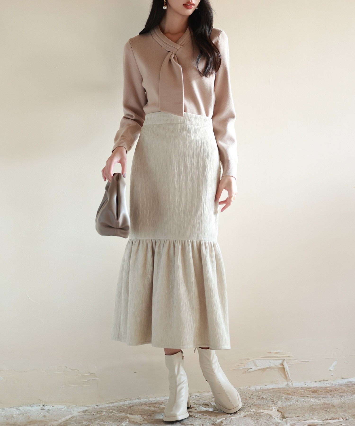 リボンハイゲージ編みニットプルオーバーsdpxyf6581 ベージュ