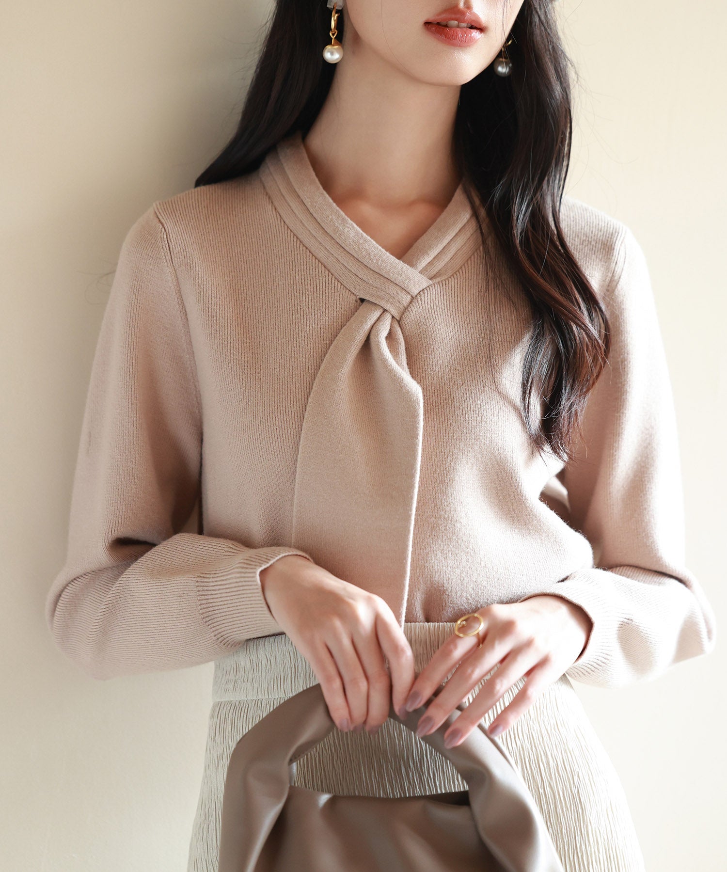 リボンハイゲージ編みニットプルオーバーsdpxyf6581 ベージュ