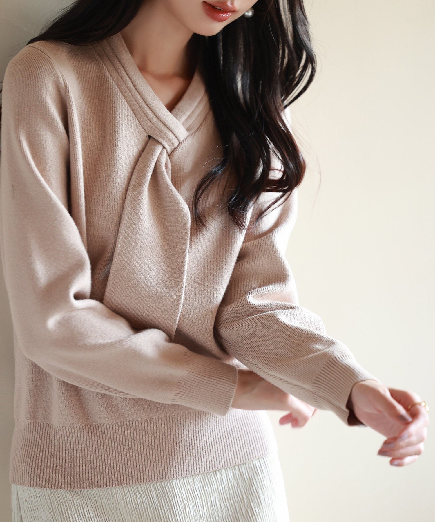 リボンハイゲージ編みニットプルオーバーsdpxyf6581 ベージュ