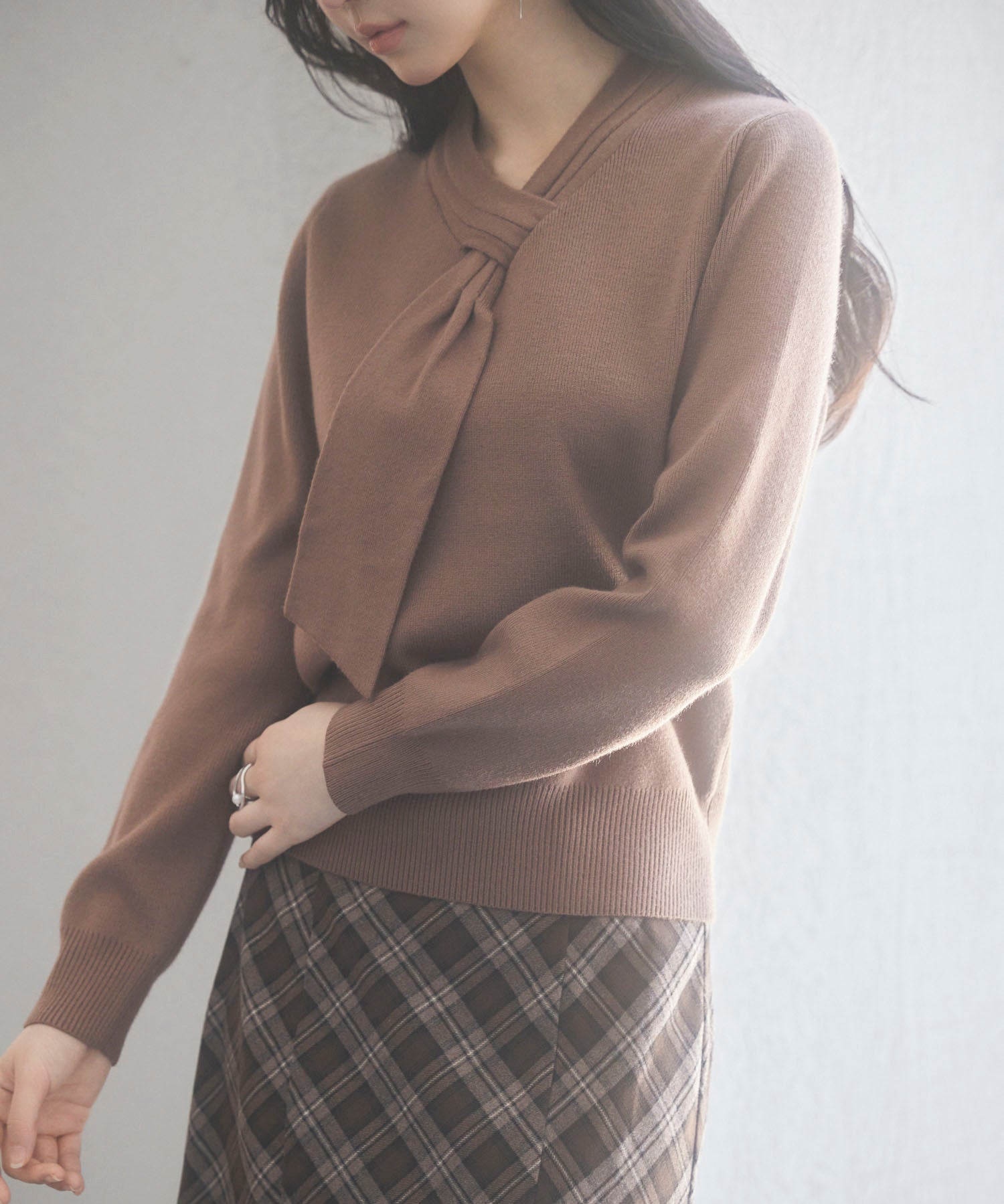 リボンハイゲージ編みニットプルオーバーsdpxyf6581 ブラウン