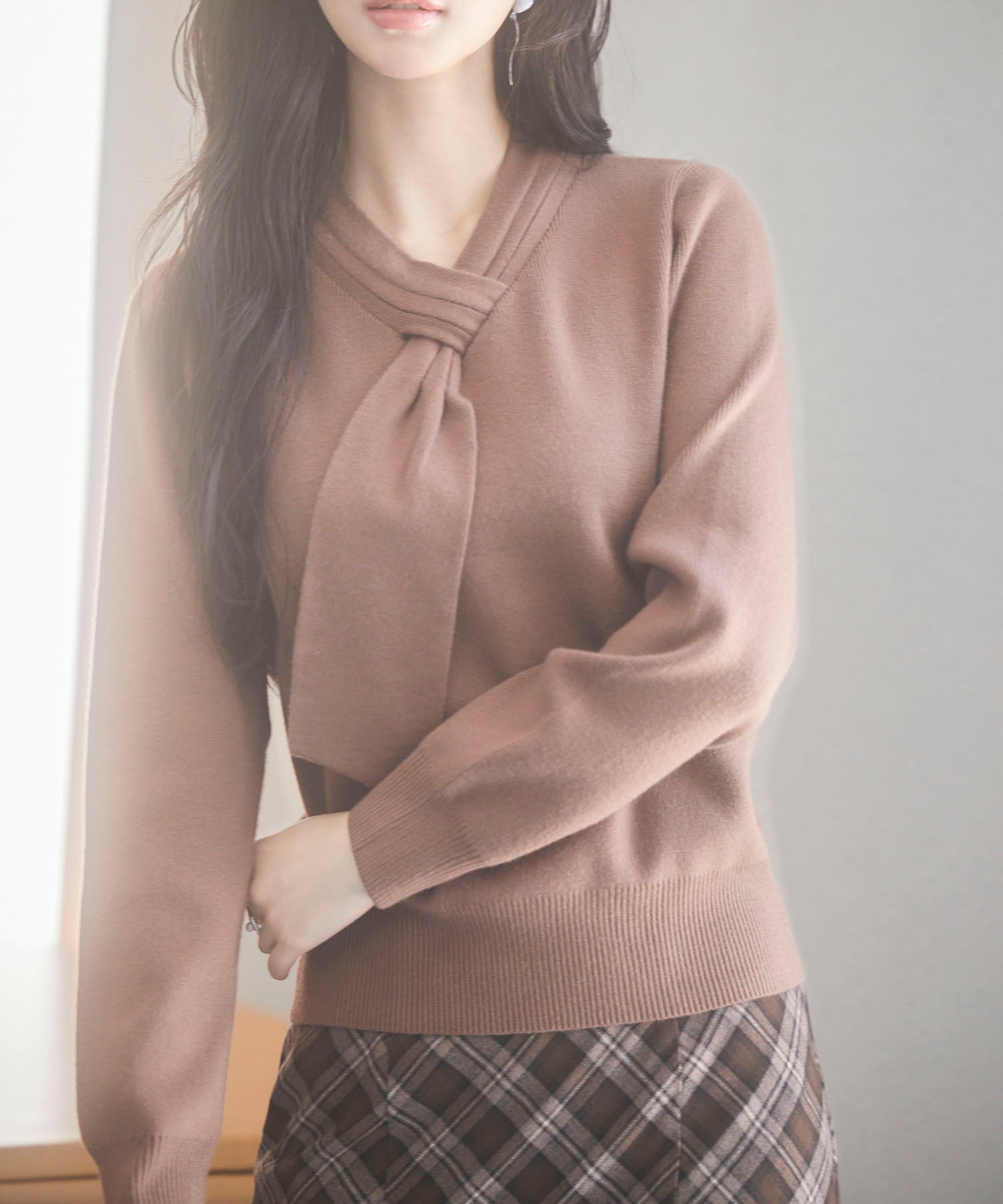 リボンハイゲージ編みニットプルオーバーsdpxyf6581 ブラウン