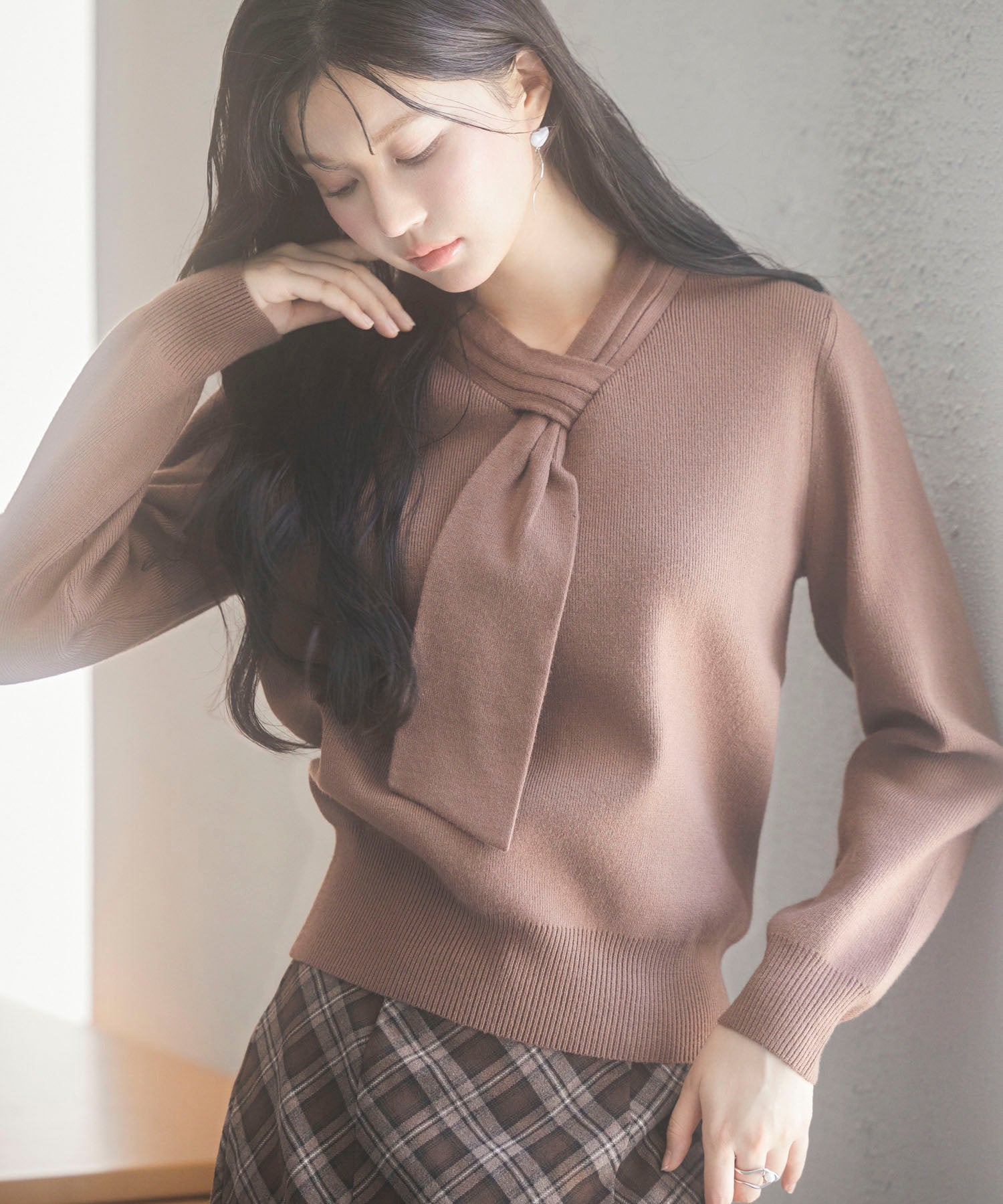 リボンハイゲージ編みニットプルオーバーsdpxyf6581 ブラウン