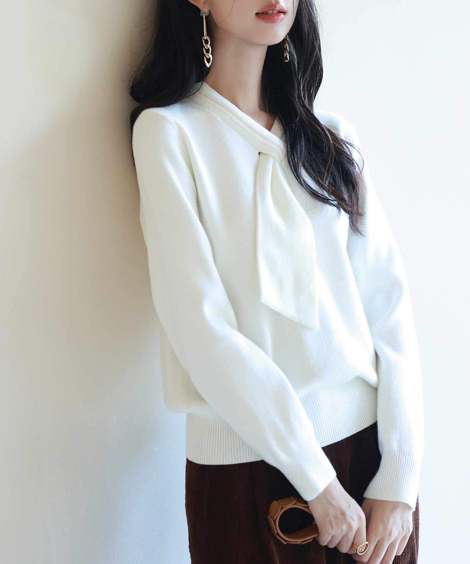 リボンハイゲージ編みニットプルオーバーsdpxyf6581 アイボリー