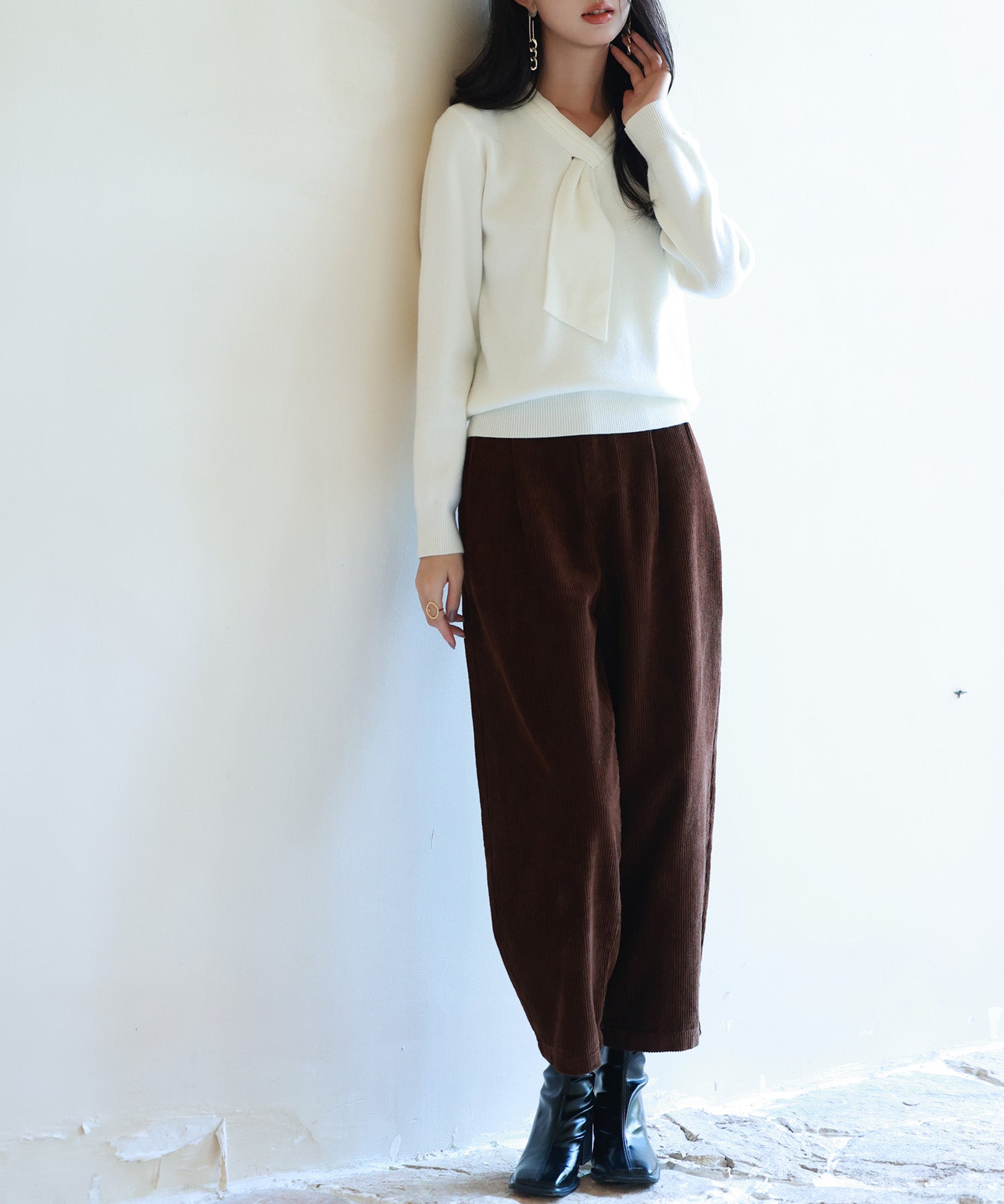 リボンハイゲージ編みニットプルオーバーsdpxyf6581 アイボリー