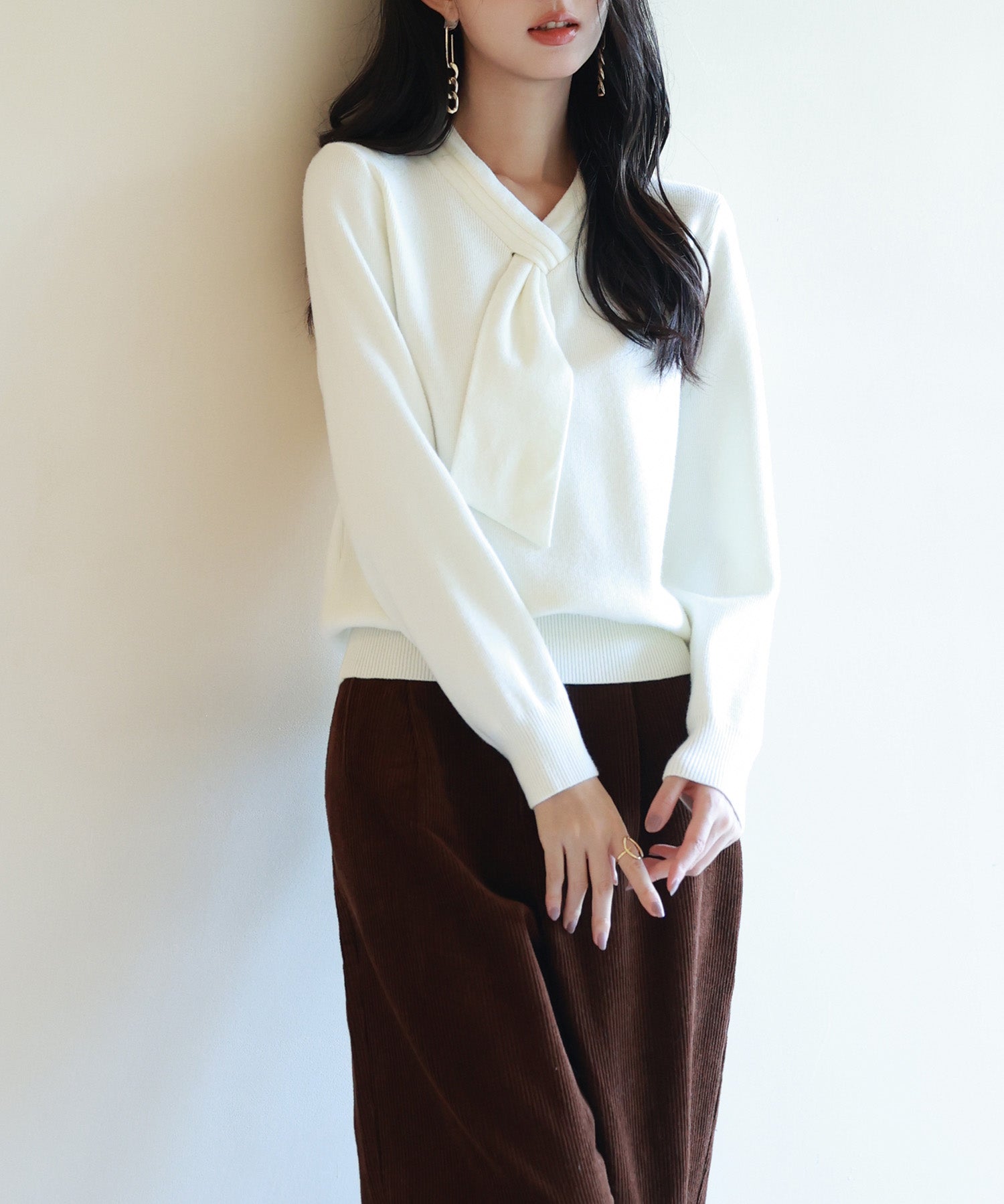 リボンハイゲージ編みニットプルオーバーsdpxyf6581 アイボリー