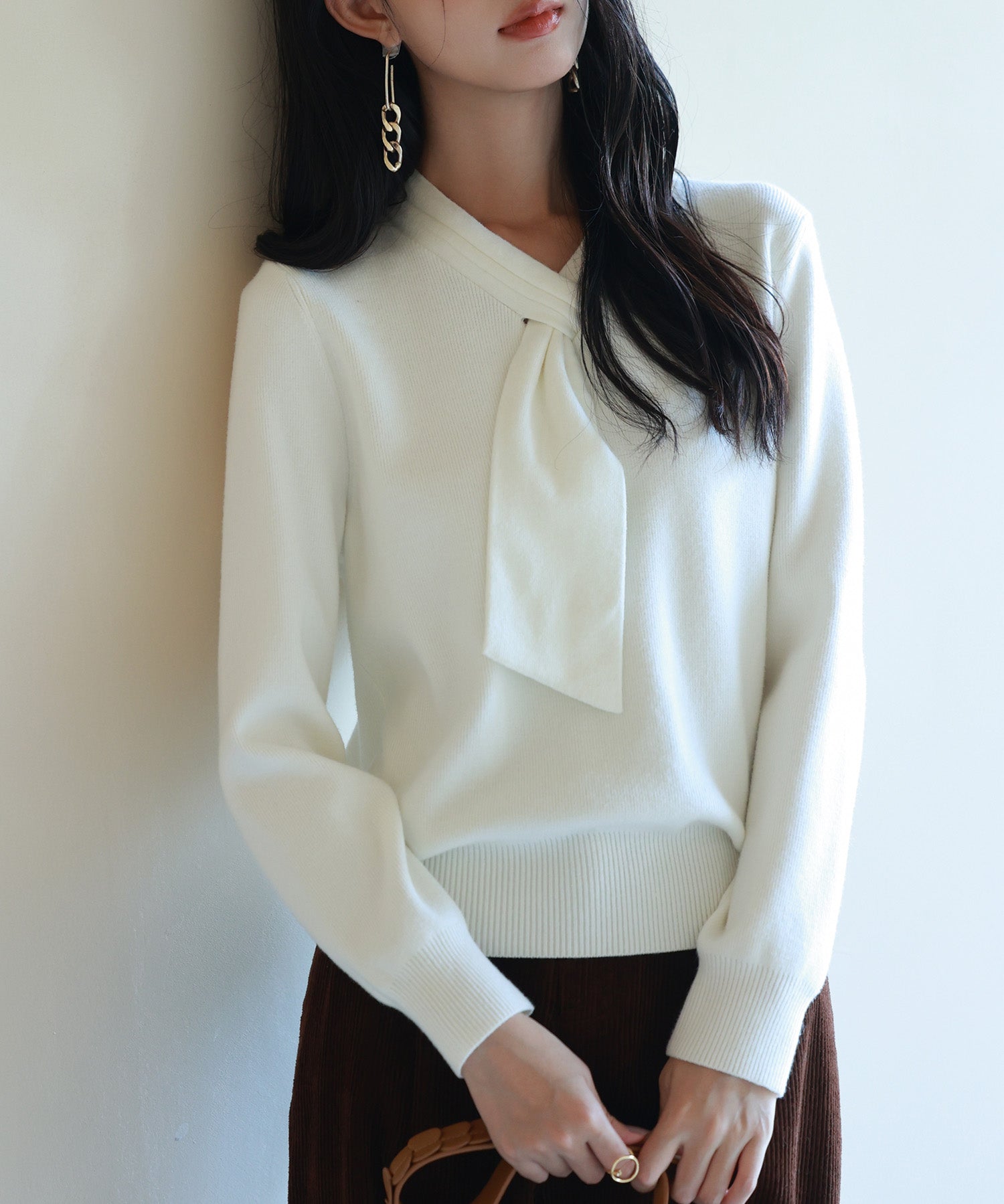 リボンハイゲージ編みニットプルオーバーsdpxyf6581 アイボリー