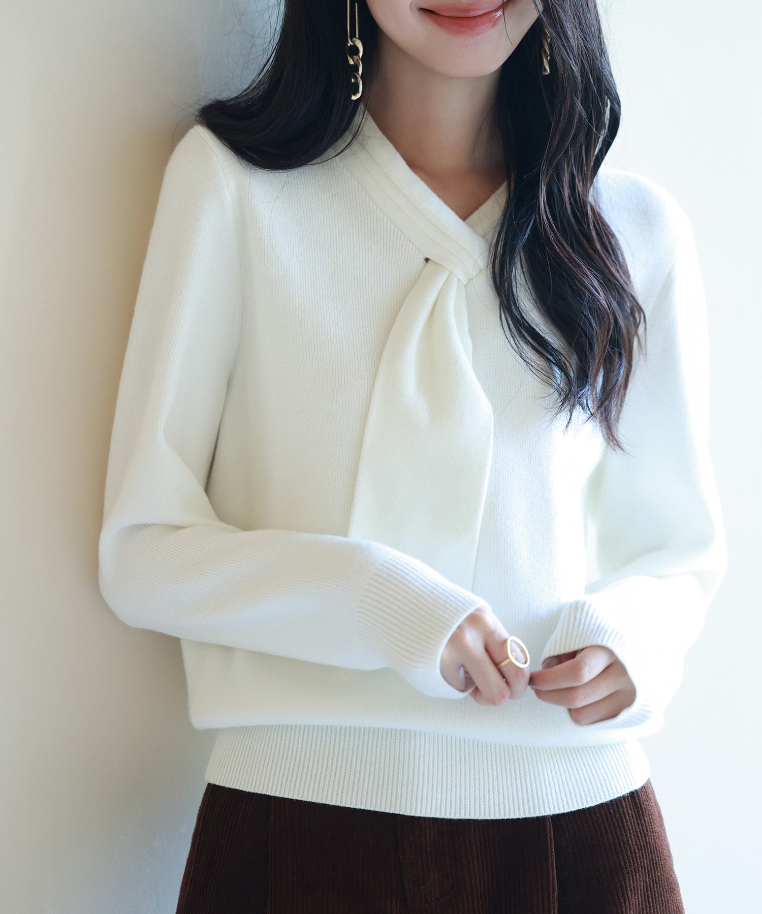 リボンハイゲージ編みニットプルオーバーsdpxyf6581 アイボリー