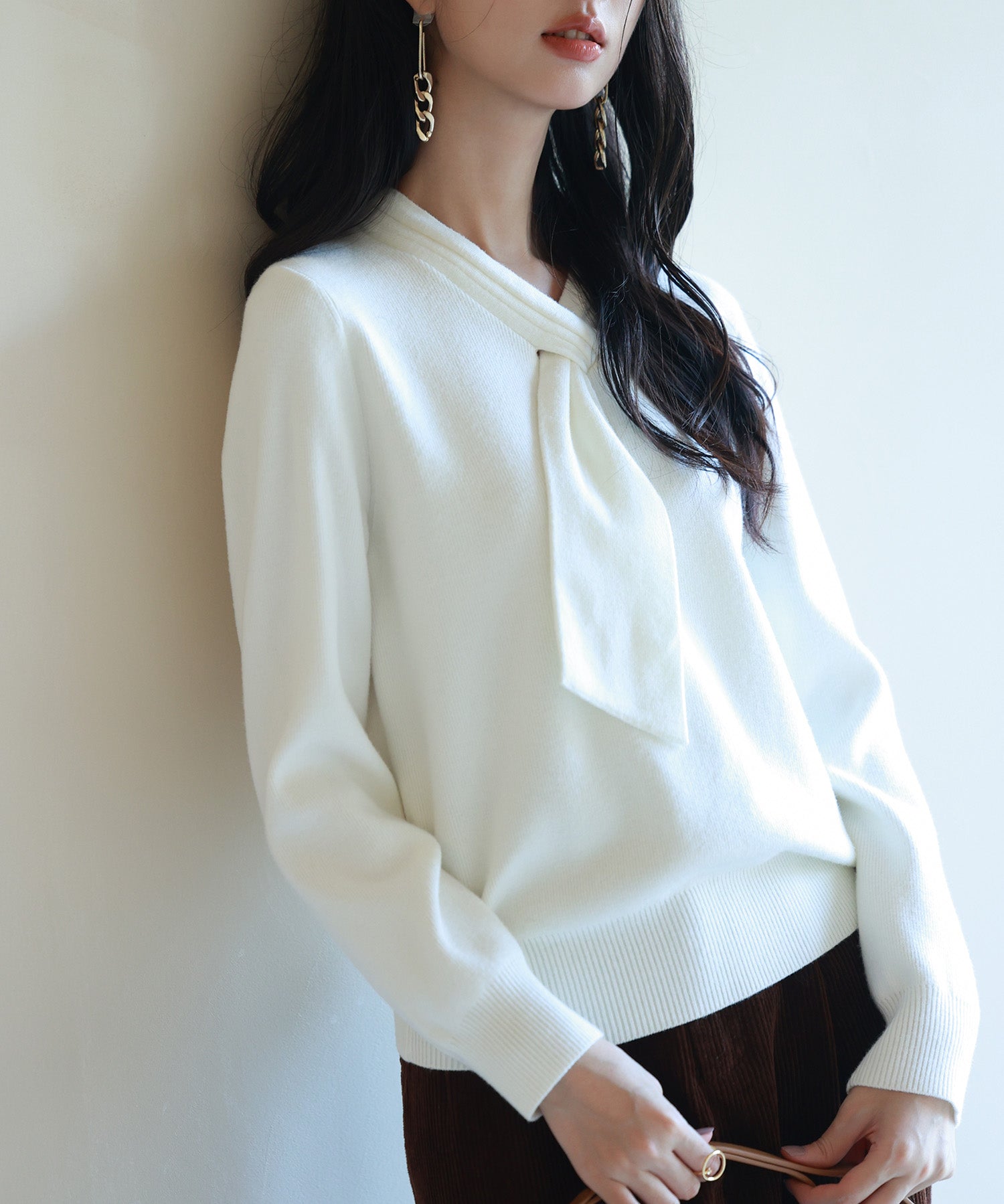 リボンハイゲージ編みニットプルオーバーsdpxyf6581 アイボリー