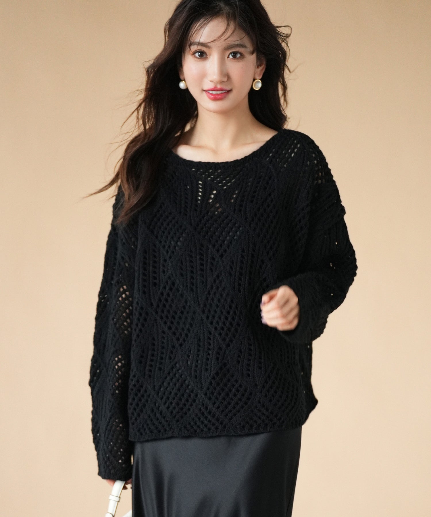 透かし編みドロップショルダーニットプルオーバーsdpxyf6619-101-8
