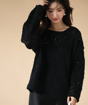 透かし編みドロップショルダーニットプルオーバーsdpxyf6619 ブラック