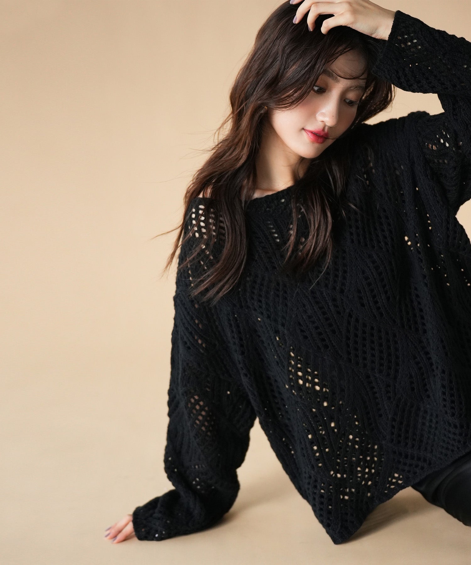 透かし編みドロップショルダーニットプルオーバーsdpxyf6619 ブラック