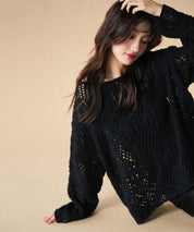 透かし編みドロップショルダーニットプルオーバーsdpxyf6619 ブラック