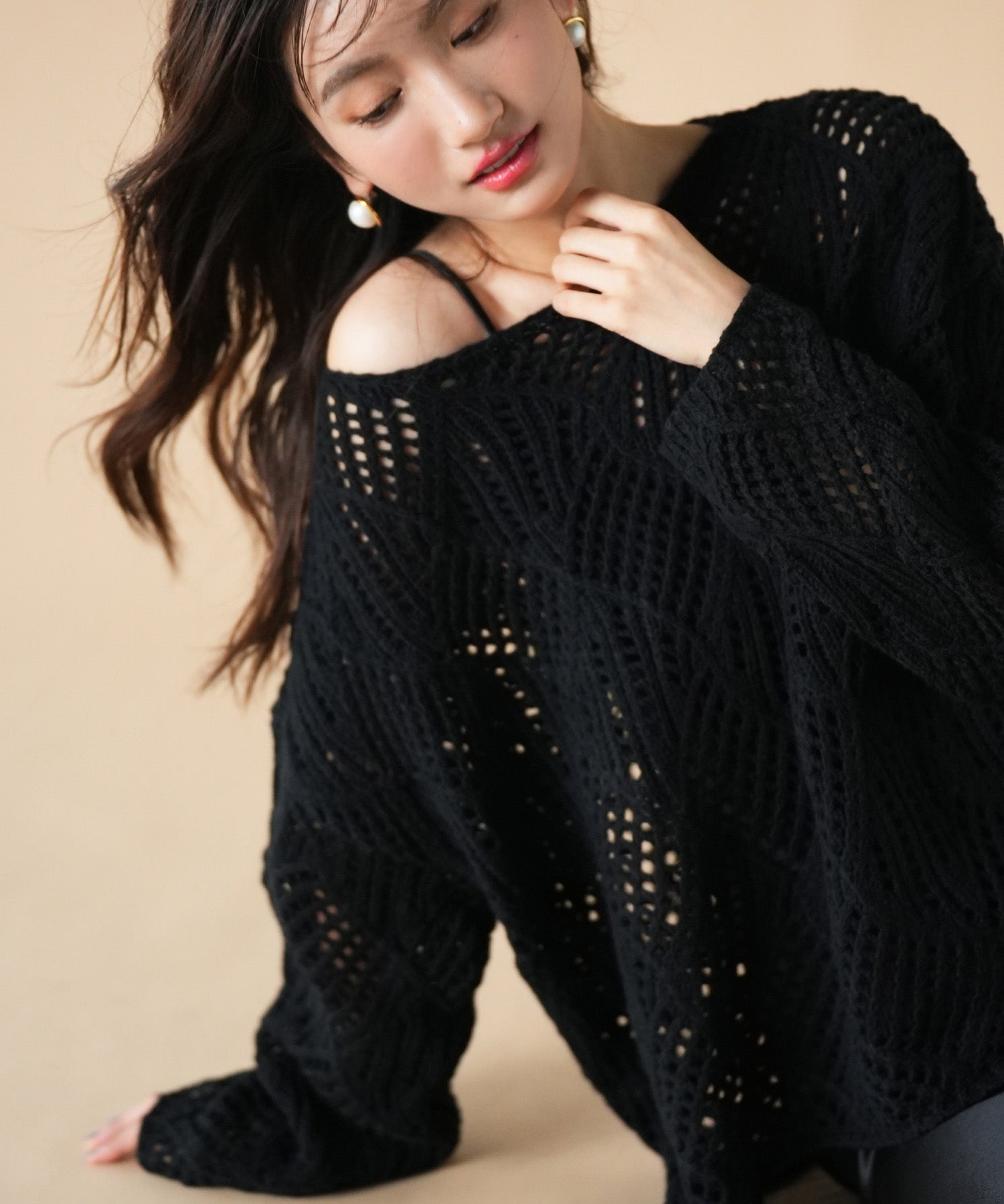 透かし編みドロップショルダーニットプルオーバーsdpxyf6619 ブラック