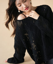 透かし編みドロップショルダーニットプルオーバーsdpxyf6619 ブラック