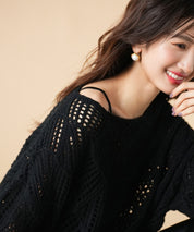 透かし編みドロップショルダーニットプルオーバーsdpxyf6619 ブラック