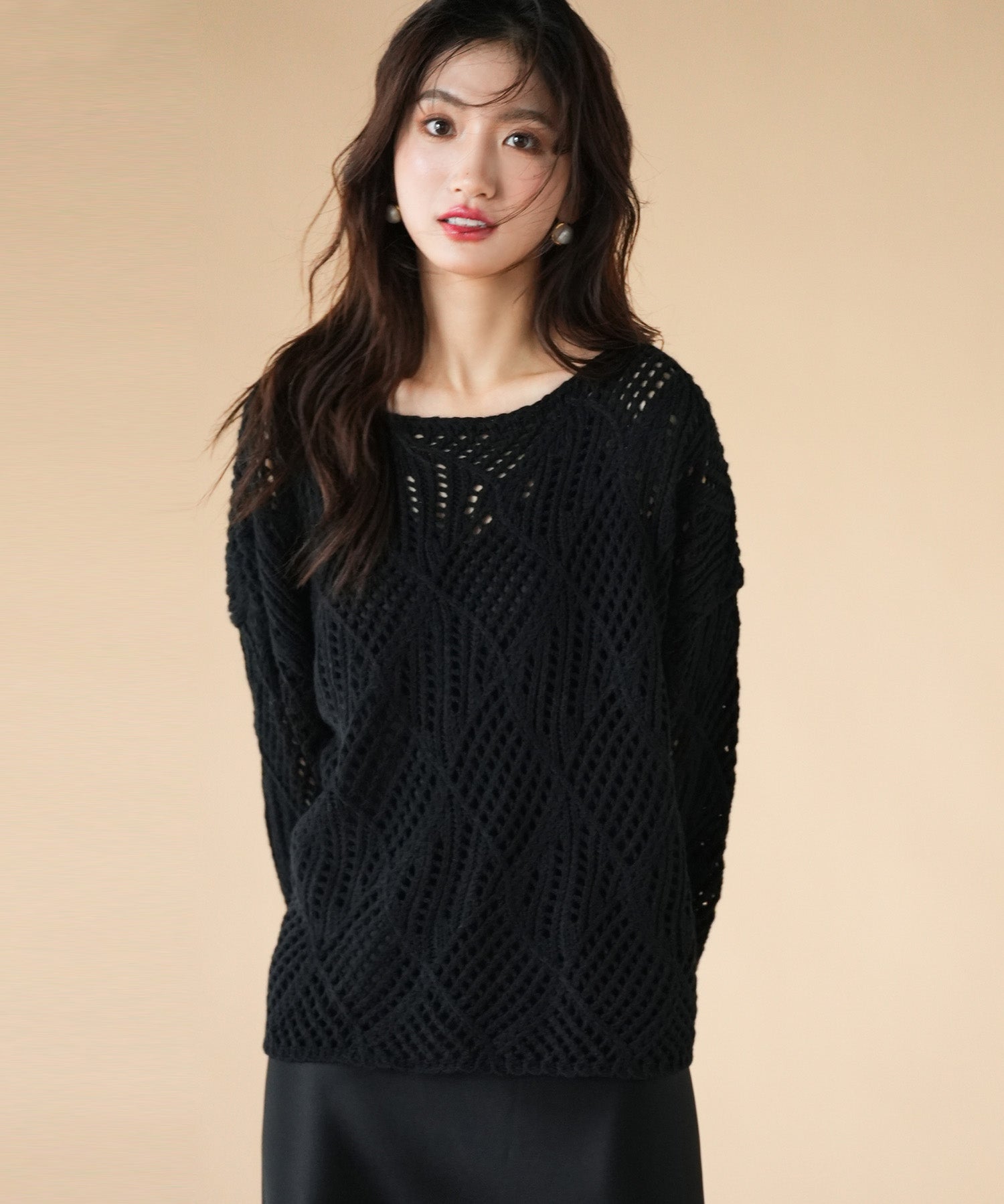 透かし編みドロップショルダーニットプルオーバーsdpxyf6619 ブラック