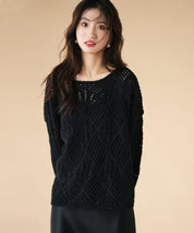 透かし編みドロップショルダーニットプルオーバーsdpxyf6619 ブラック