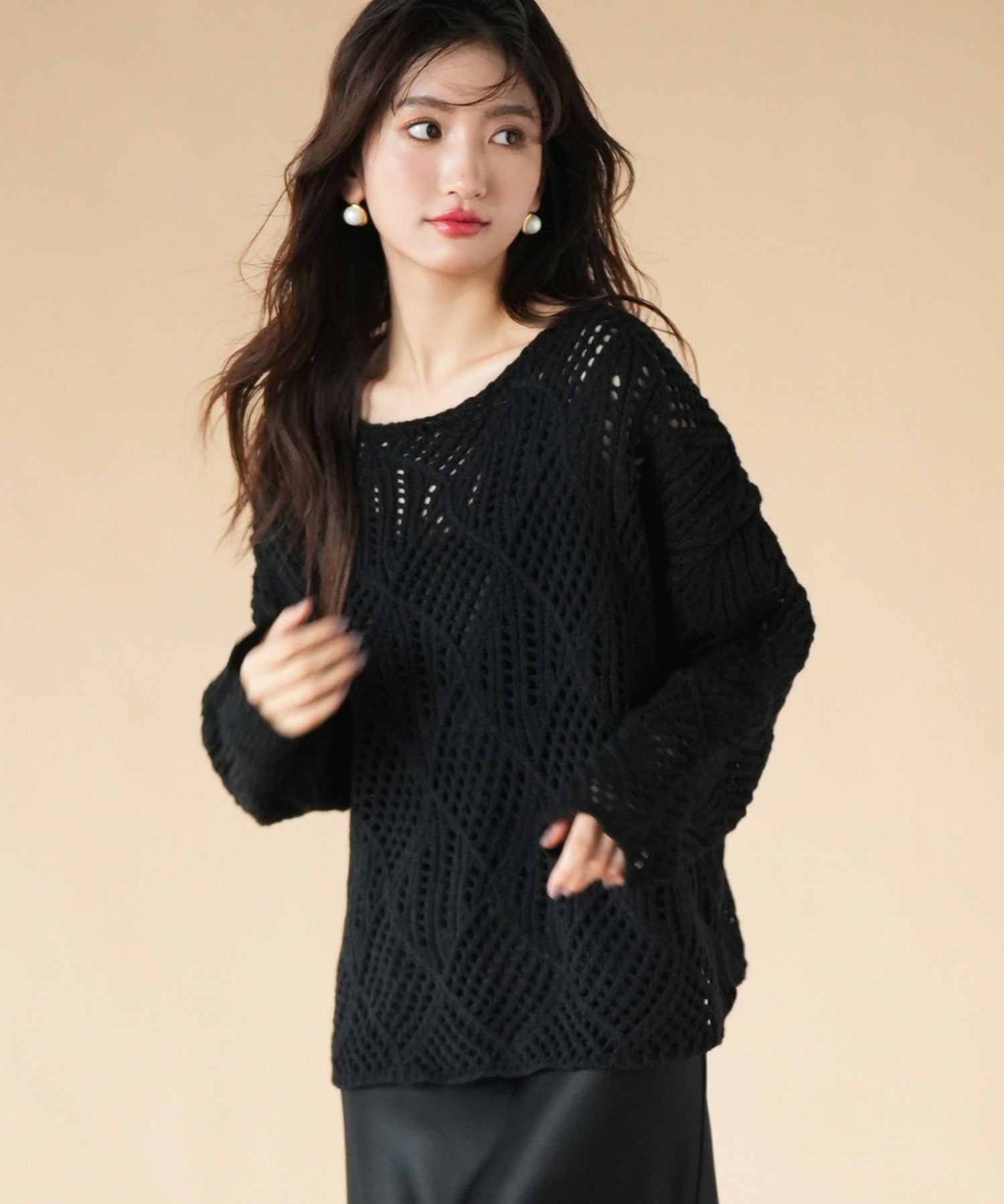 透かし編みドロップショルダーニットプルオーバーsdpxyf6619 ブラック