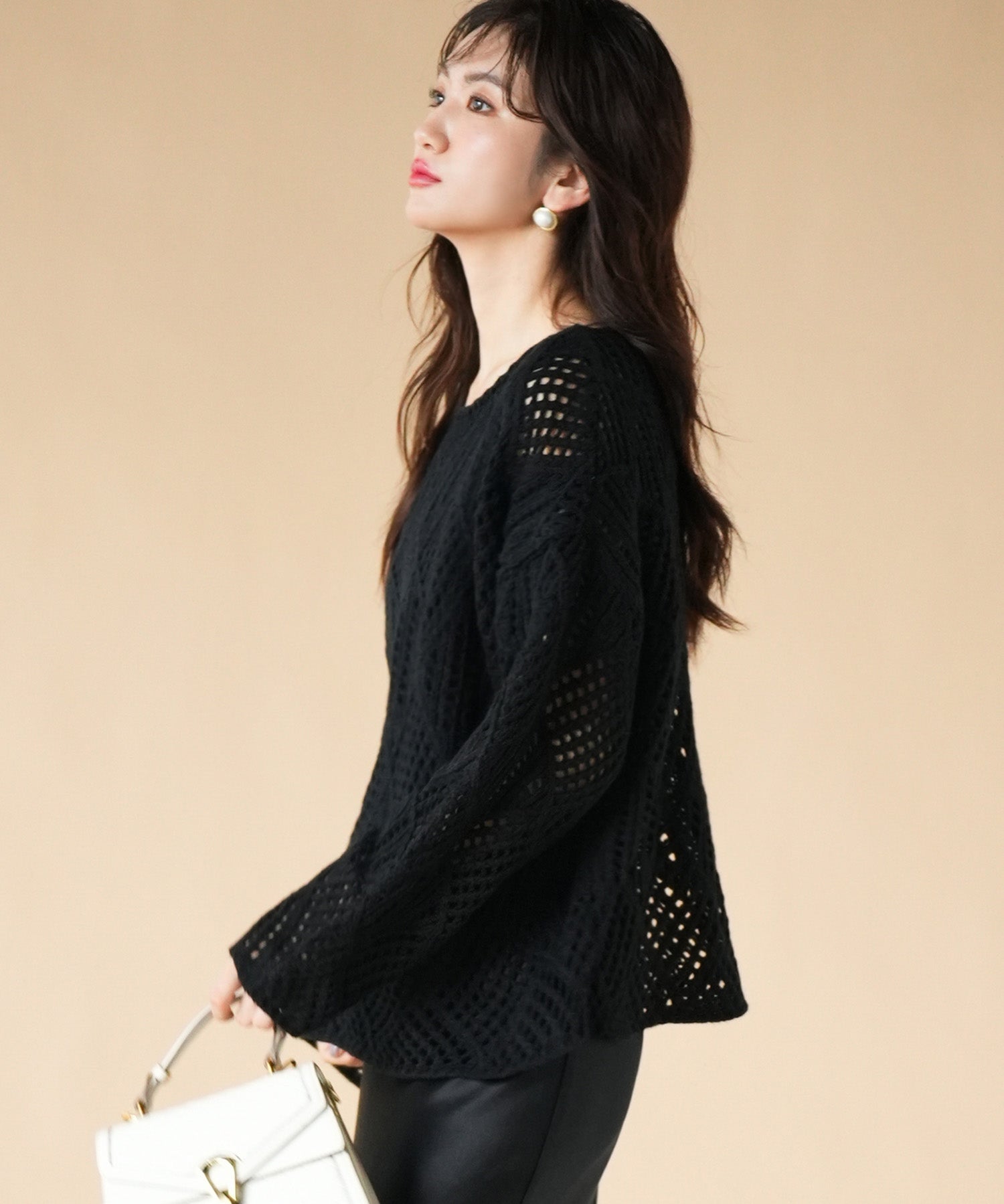 透かし編みドロップショルダーニットプルオーバーsdpxyf6619 ブラック