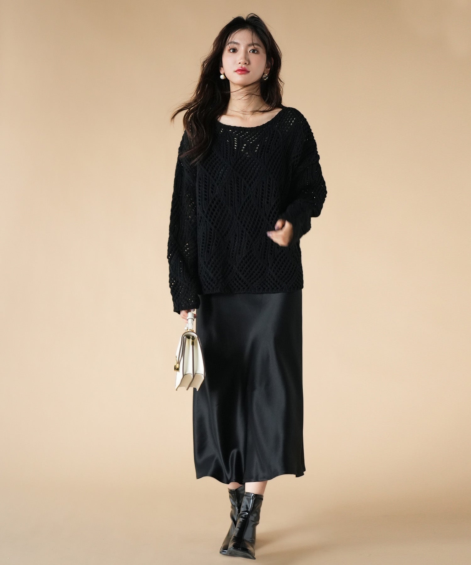透かし編みドロップショルダーニットプルオーバーsdpxyf6619 ブラック