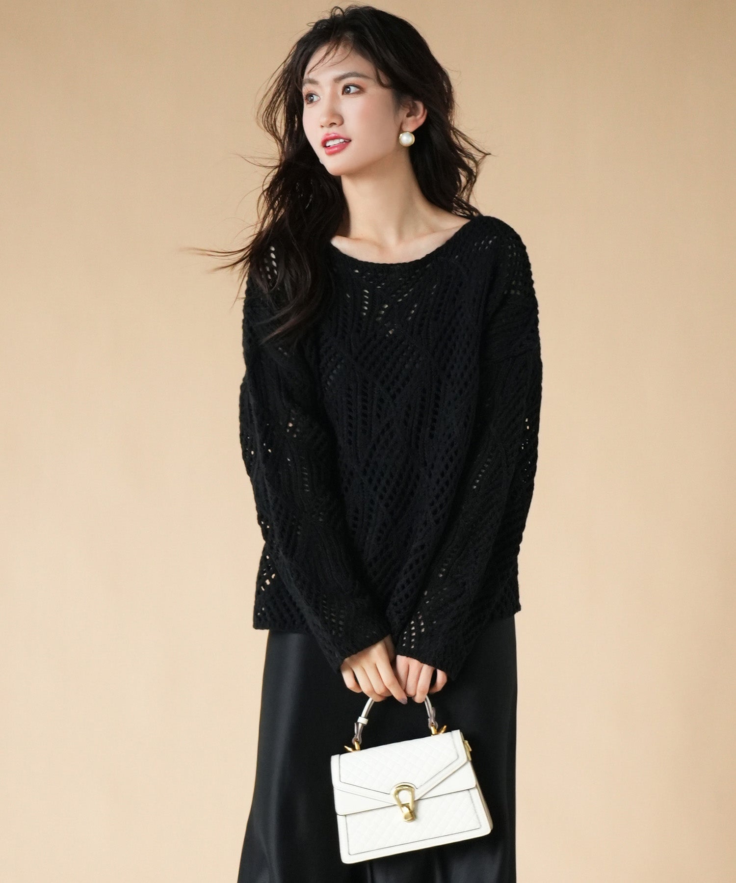 透かし編みドロップショルダーニットプルオーバーsdpxyf6619 ブラック