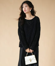 透かし編みドロップショルダーニットプルオーバーsdpxyf6619 ブラック