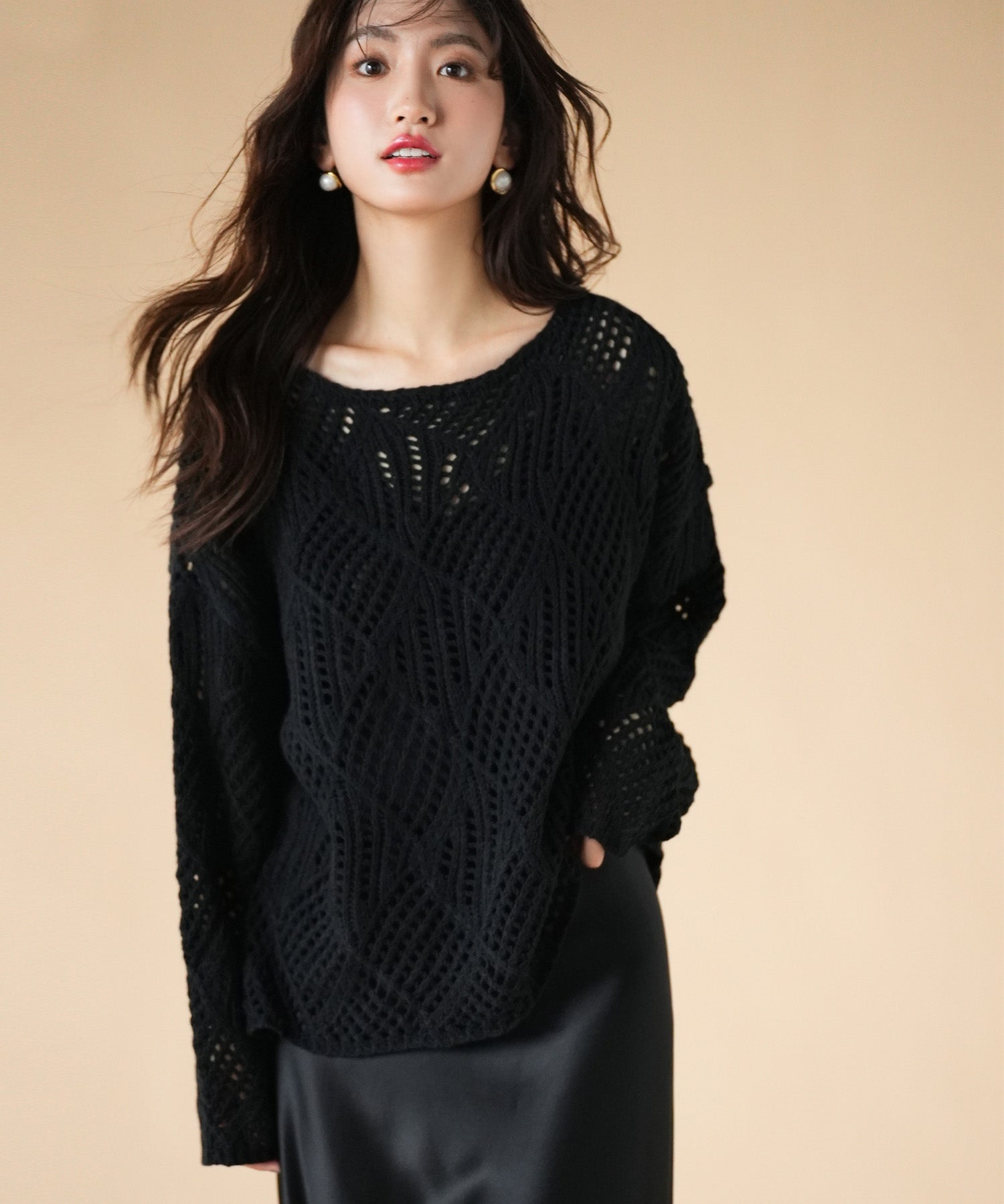 透かし編みドロップショルダーニットプルオーバーsdpxyf6619 ブラック