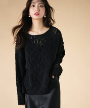 透かし編みドロップショルダーニットプルオーバーsdpxyf6619 ブラック