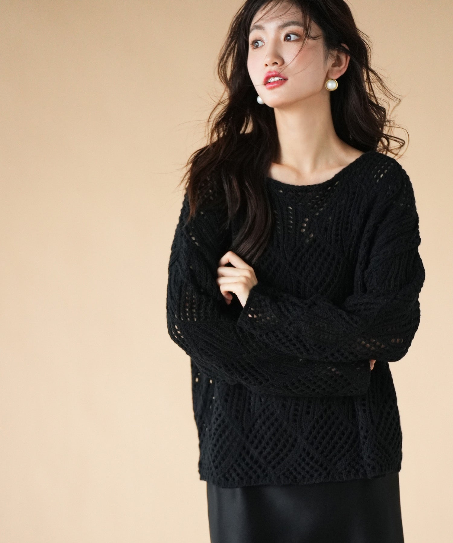 透かし編みドロップショルダーニットプルオーバーsdpxyf6619 ブラック