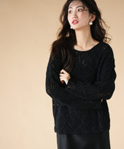 透かし編みドロップショルダーニットプルオーバーsdpxyf6619 ブラック