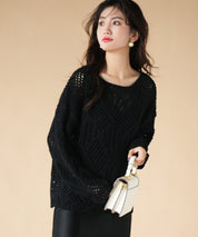 透かし編みドロップショルダーニットプルオーバーsdpxyf6619 ブラック