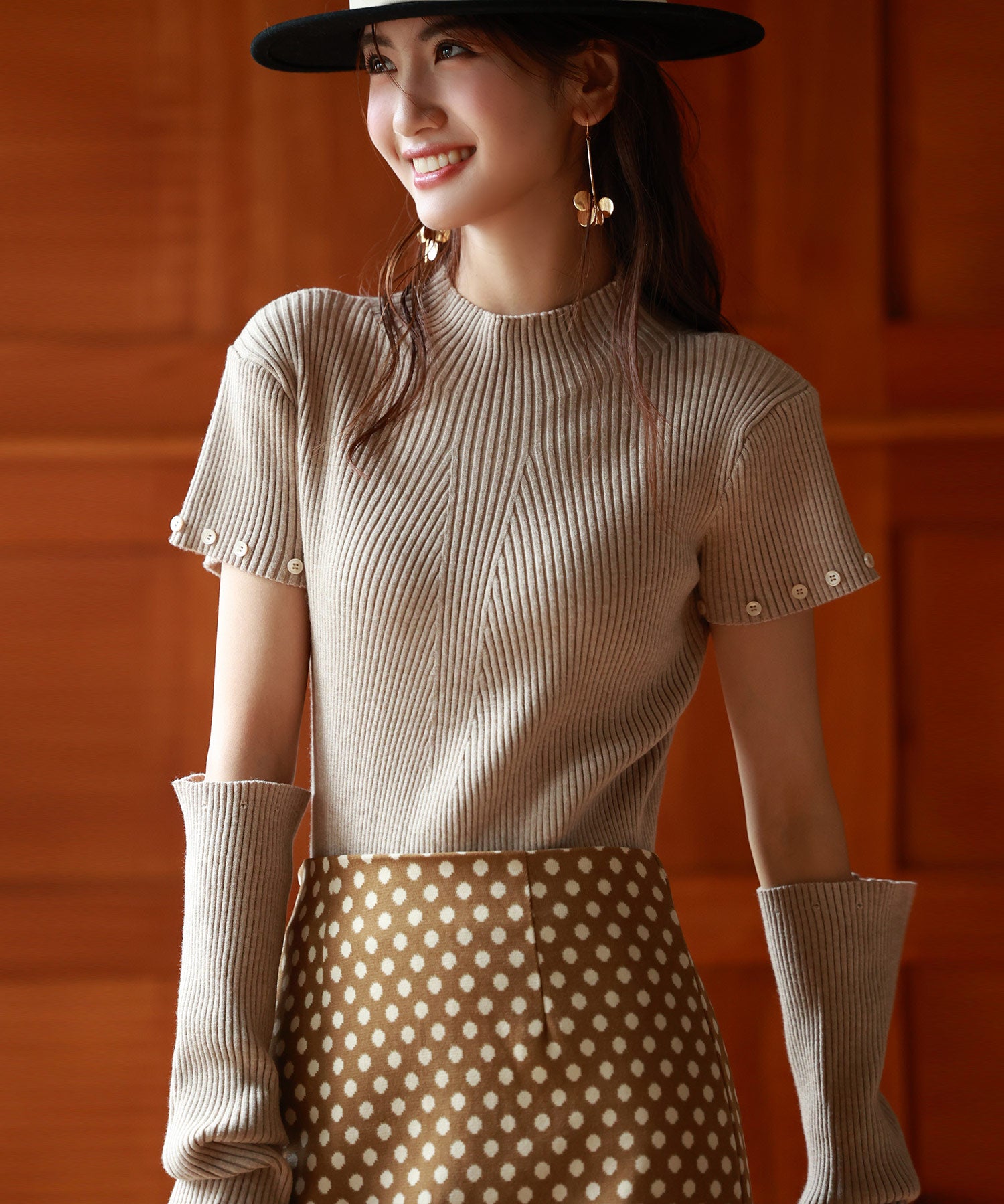 アームウォーマー付き3wayリブニットプルオーバーsdpxyf7023 ベージュ