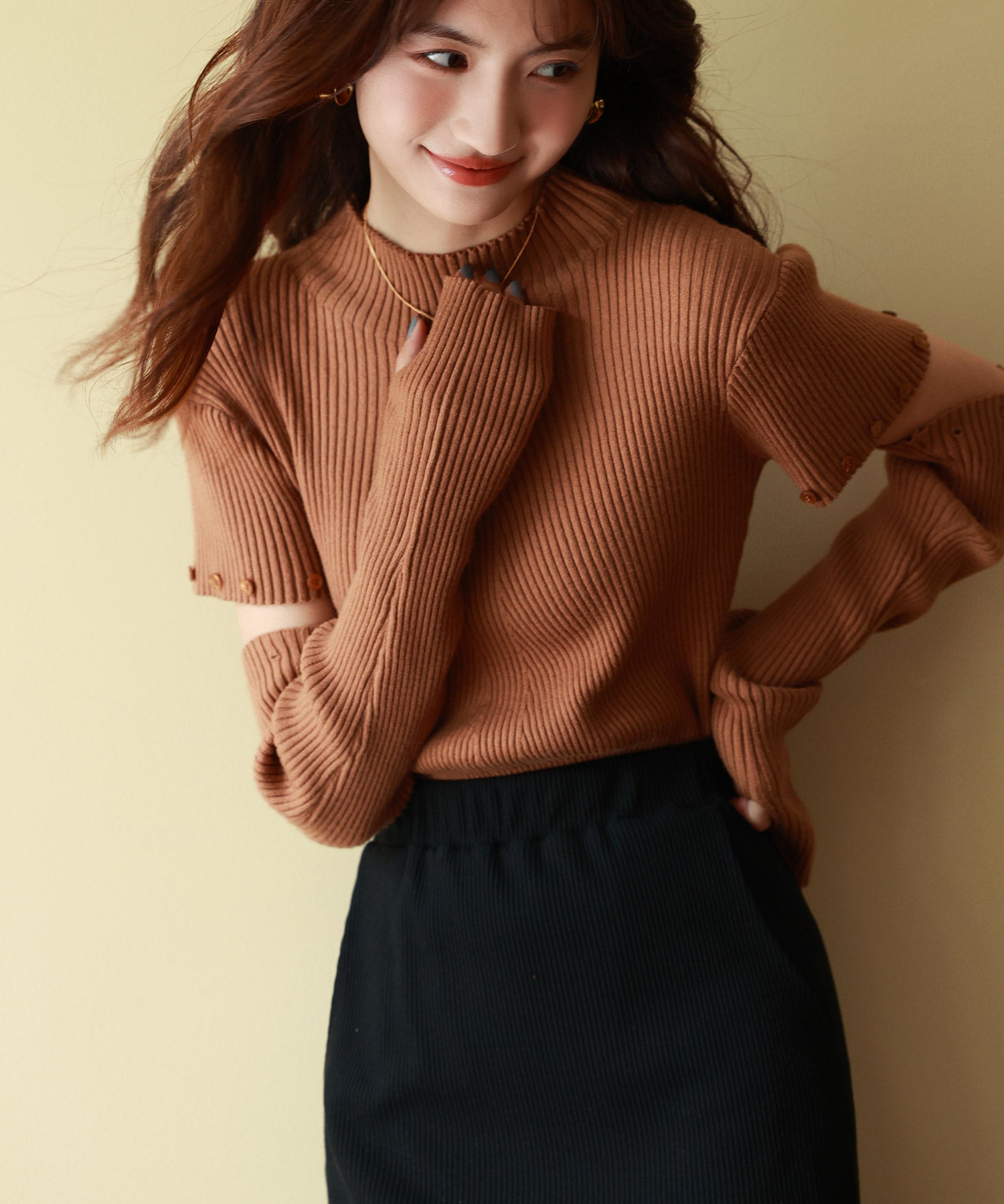 アームウォーマー付き3wayリブニットプルオーバーsdpxyf7023 ブラウン