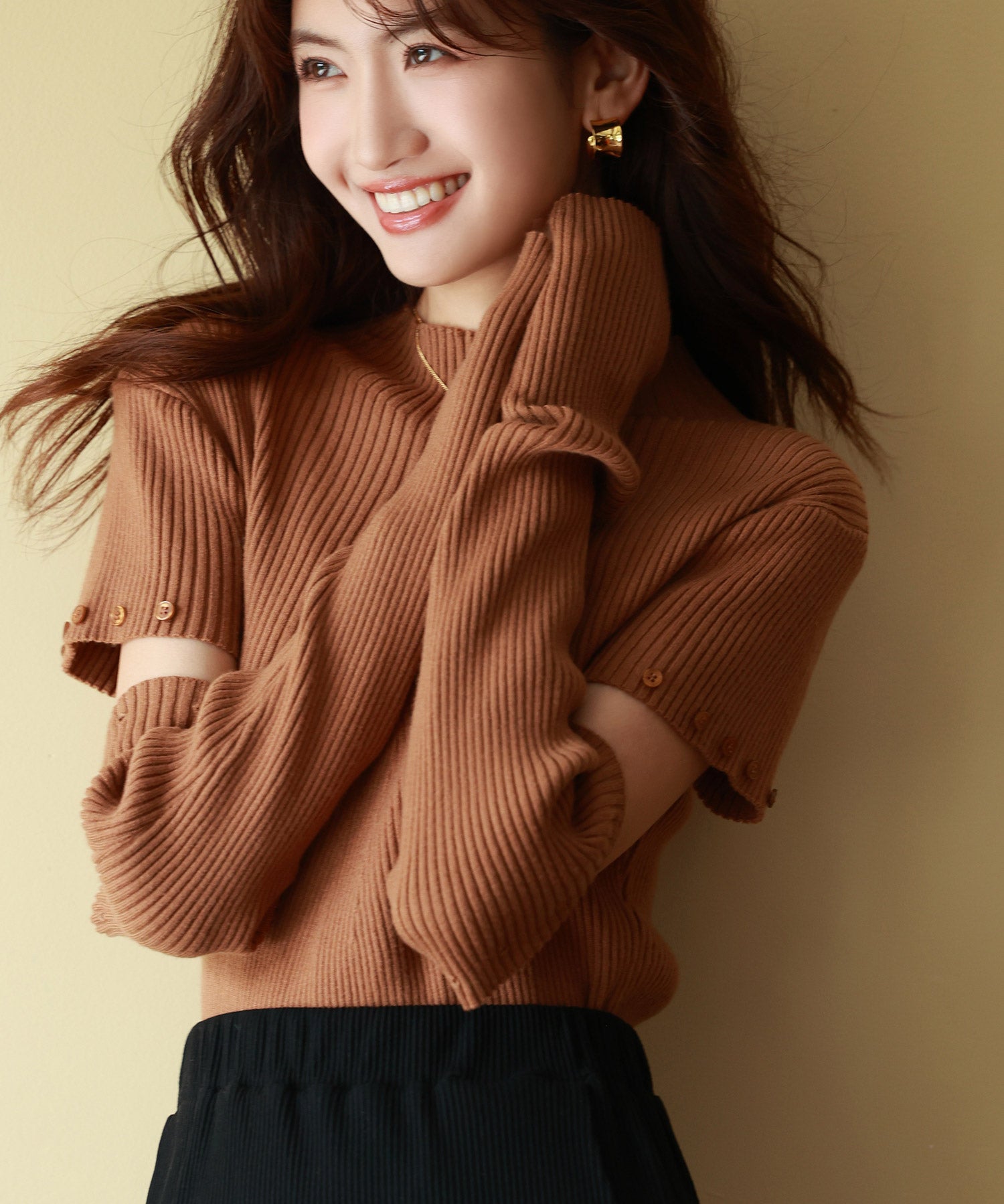 アームウォーマー付き3wayリブニットプルオーバーsdpxyf7023 ブラウン