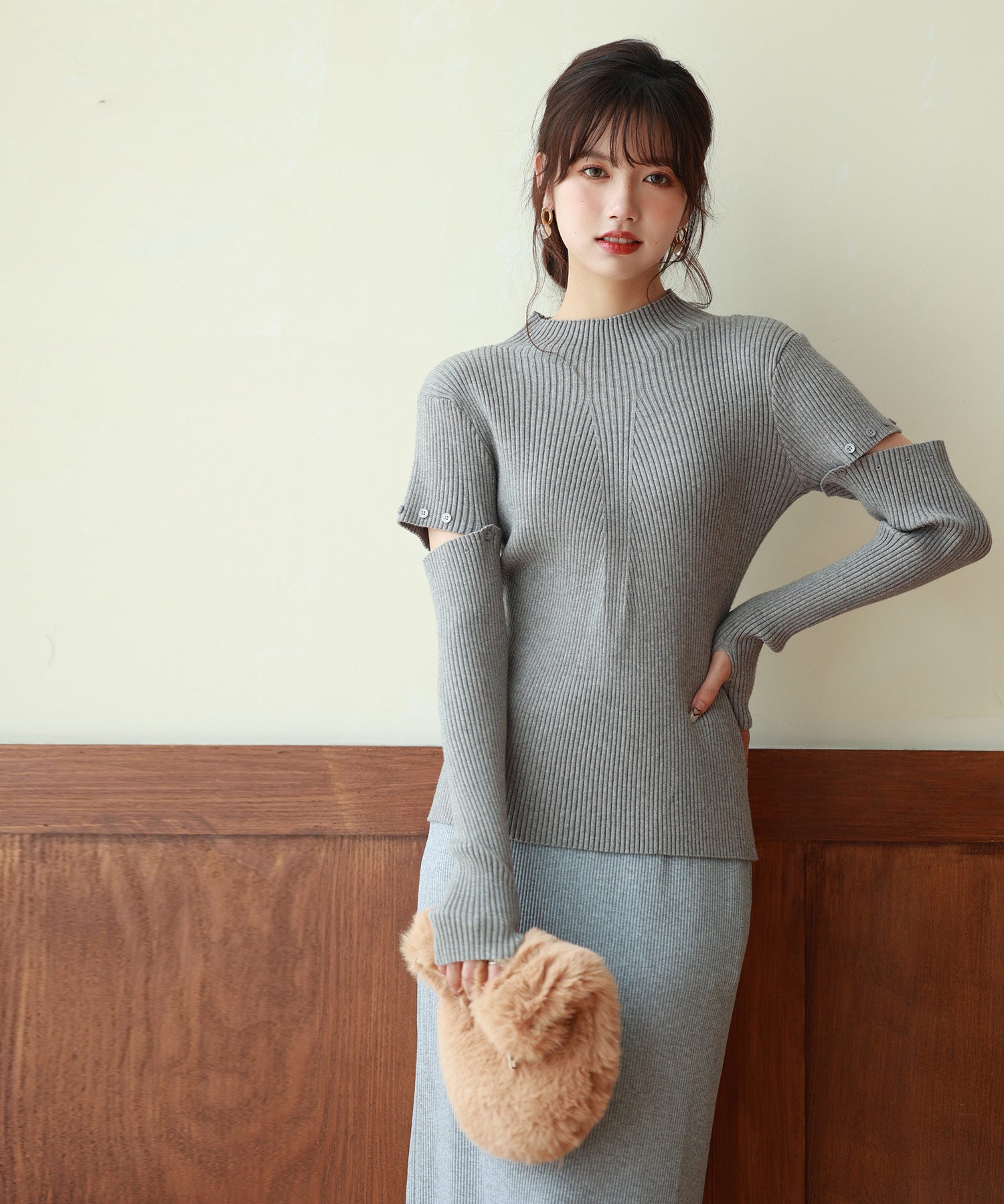 アームウォーマー付き3wayリブニットプルオーバーsdpxyf7023 グレー