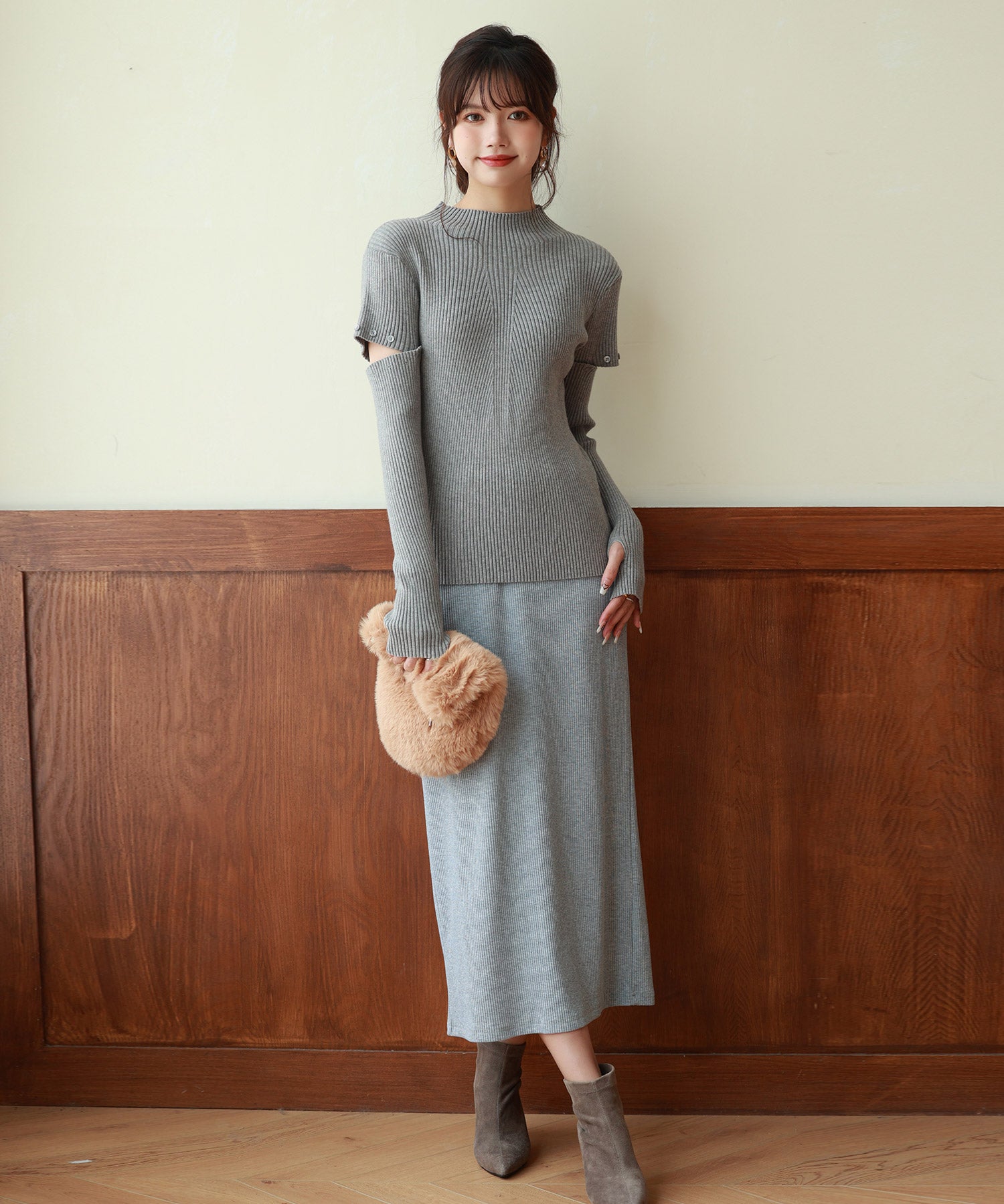 アームウォーマー付き3wayリブニットプルオーバーsdpxyf7023 グレー