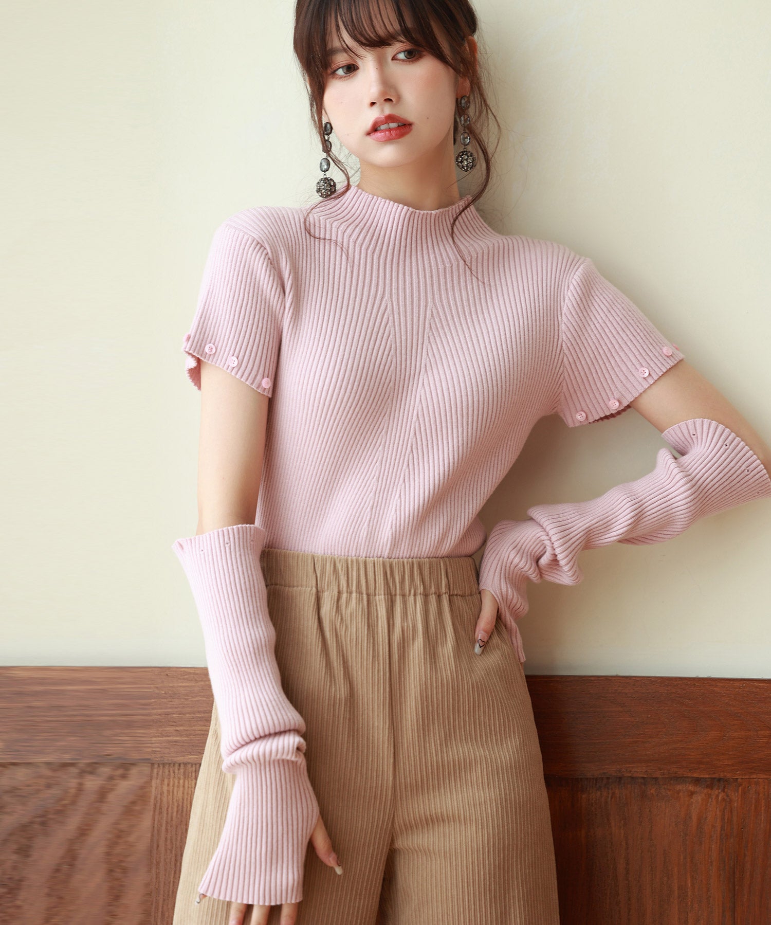 アームウォーマー付き3wayリブニットプルオーバーsdpxyf7023 ピンク