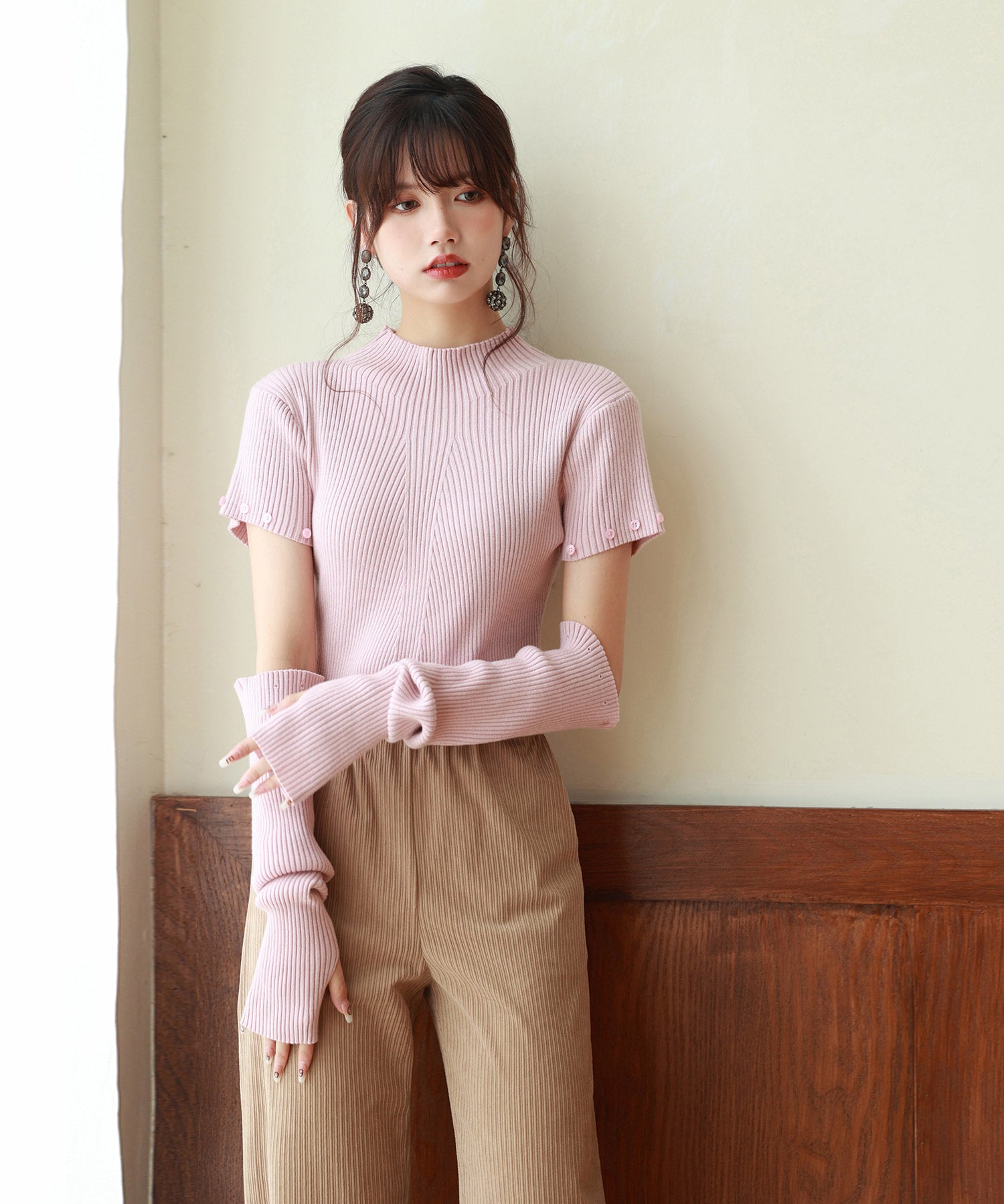 アームウォーマー付き3wayリブニットプルオーバーsdpxyf7023 ピンク