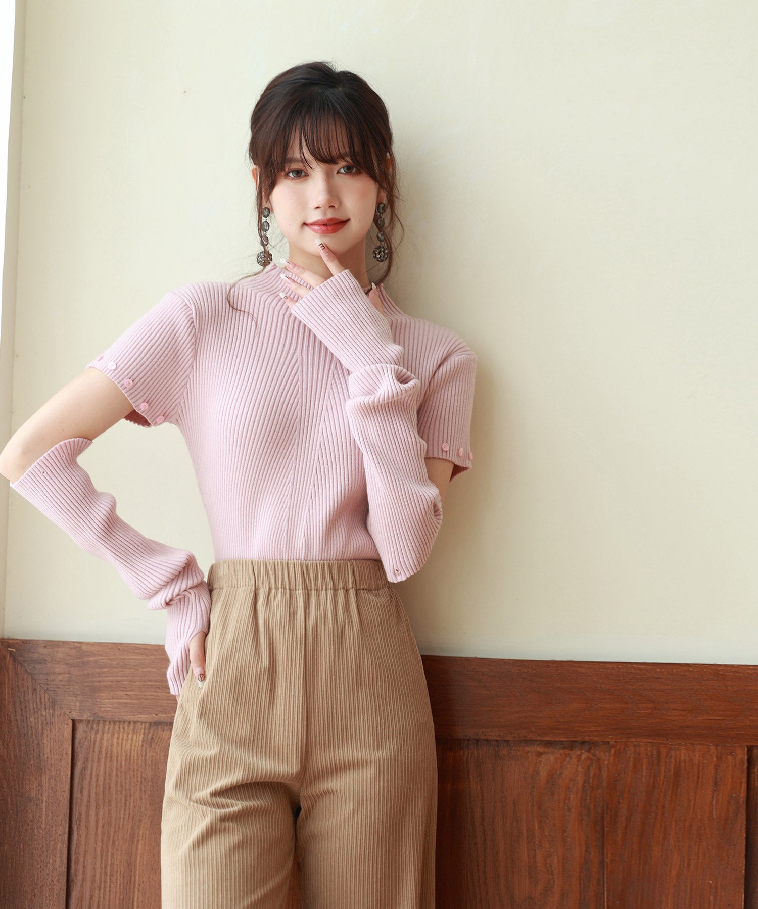 アームウォーマー付き3wayリブニットプルオーバーsdpxyf7023 ピンク