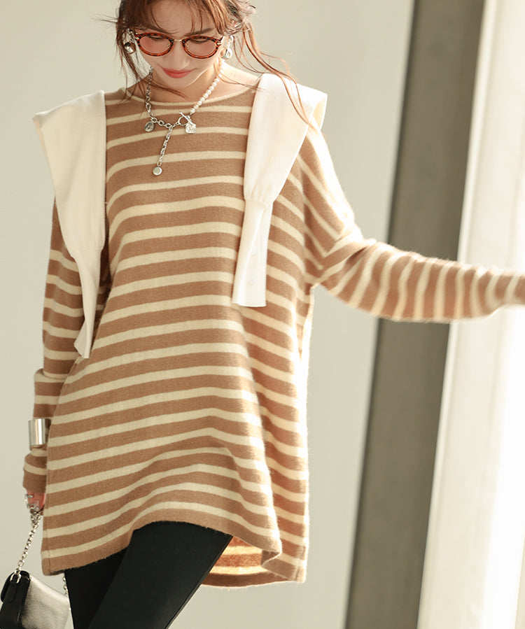 ボーダー柄オーバーサイズチュニックニットsdpyb39119 ブラウン