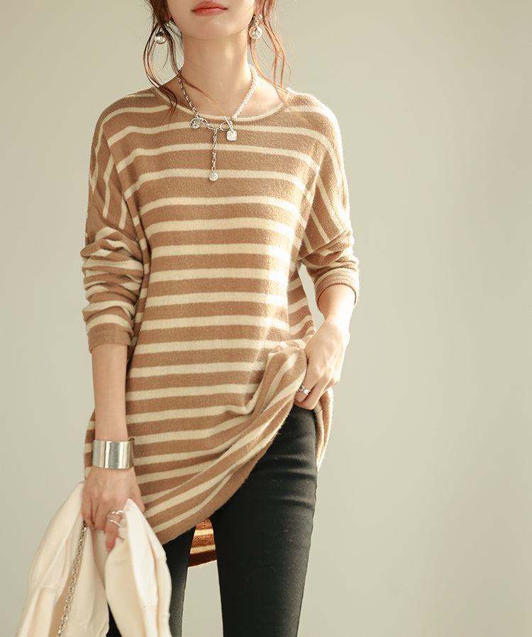 ボーダー柄オーバーサイズチュニックニットsdpyb39119 ブラウン