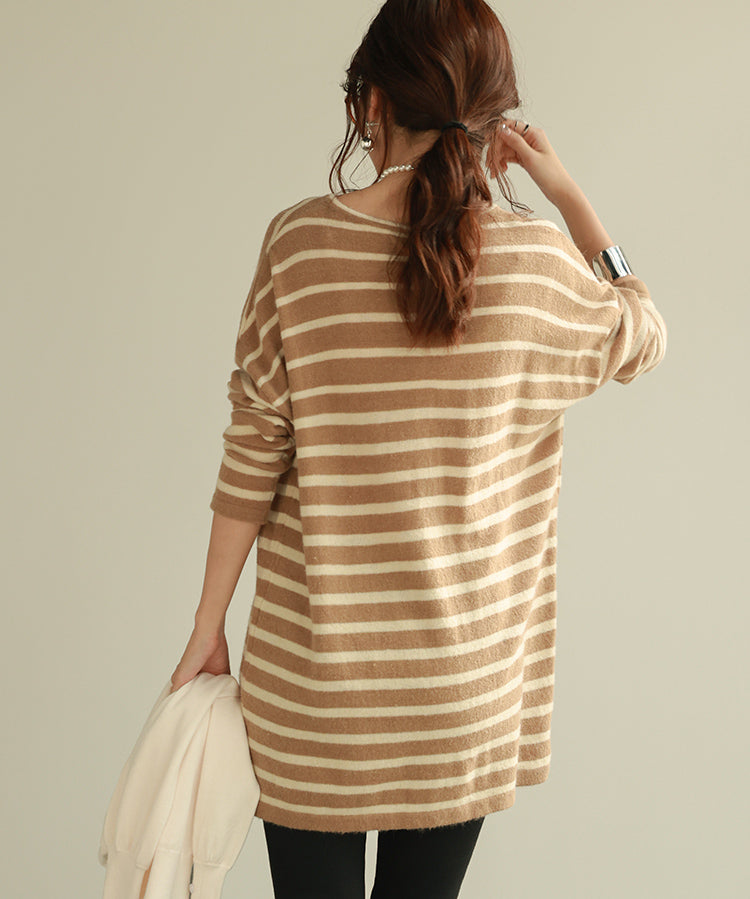 ボーダー柄オーバーサイズチュニックニットsdpyb39119 ブラウン