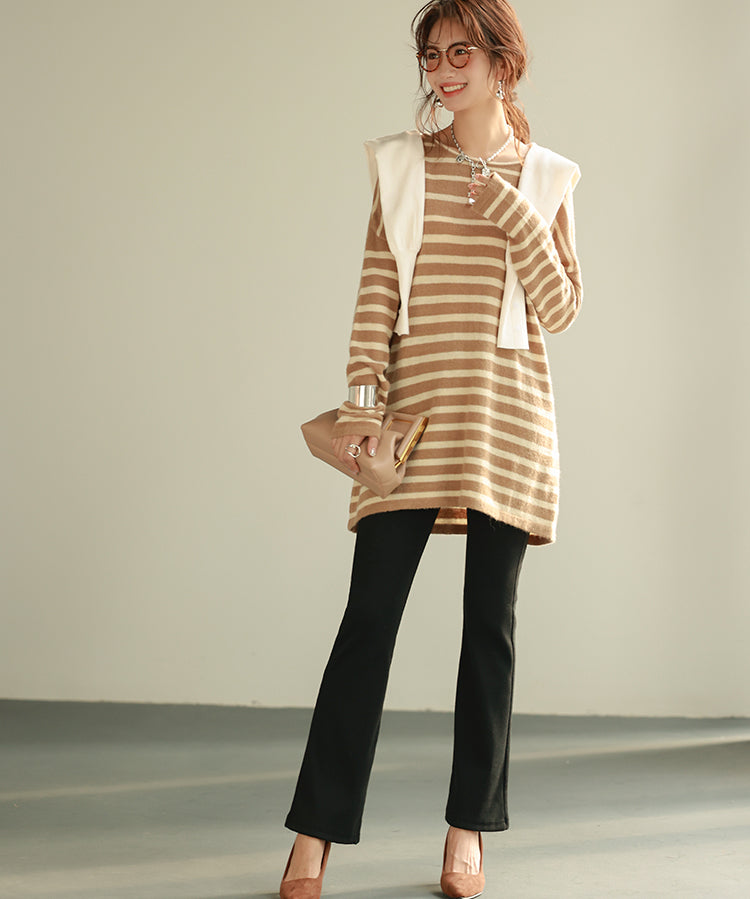 ボーダー柄オーバーサイズチュニックニットsdpyb39119 ブラウン