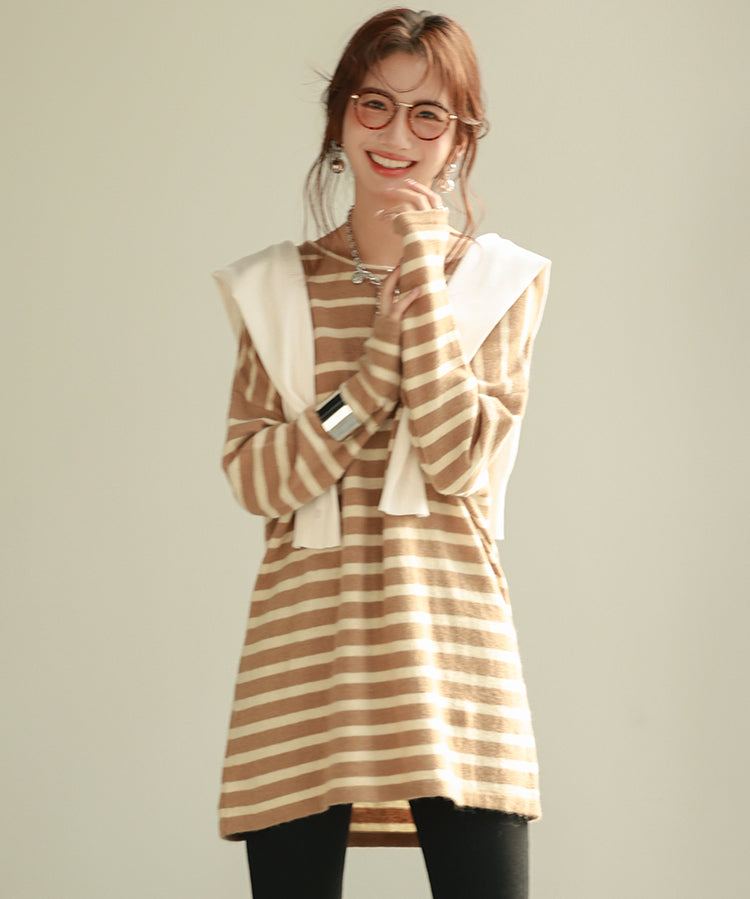 ボーダー柄オーバーサイズチュニックニットsdpyb39119 ブラウン