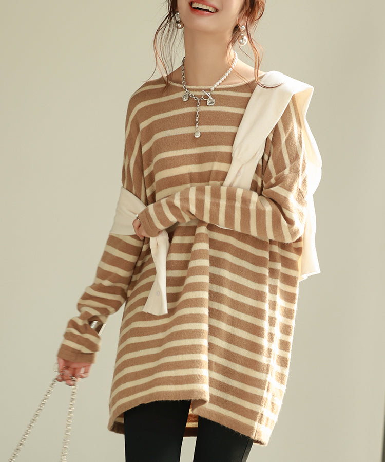 ボーダー柄オーバーサイズチュニックニットsdpyb39119 ブラウン