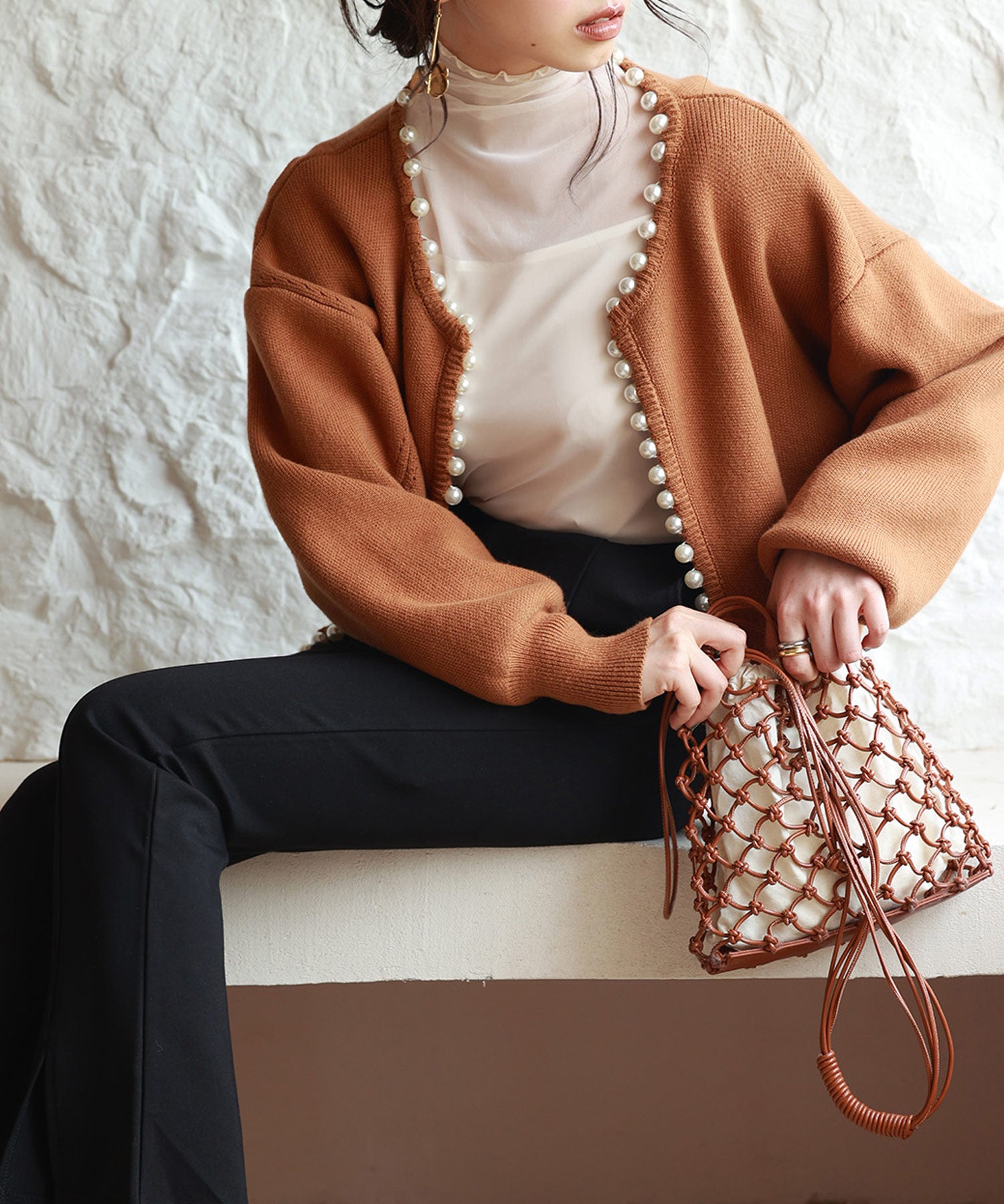 パールビジューボタンレスニットカーディガンxyf041631 ブラウン