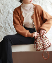 パールビジューボタンレスニットカーディガンxyf041631 ブラウン