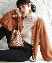 パールビジューボタンレスニットカーディガンxyf041631 ブラウン