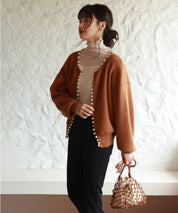 パールビジューボタンレスニットカーディガンxyf041631 ブラウン